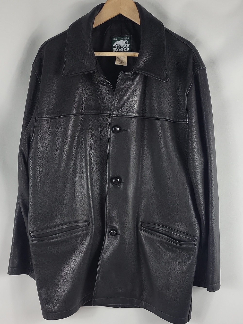 Roots Vintage Leather Jacket Coat Black Made in Canada